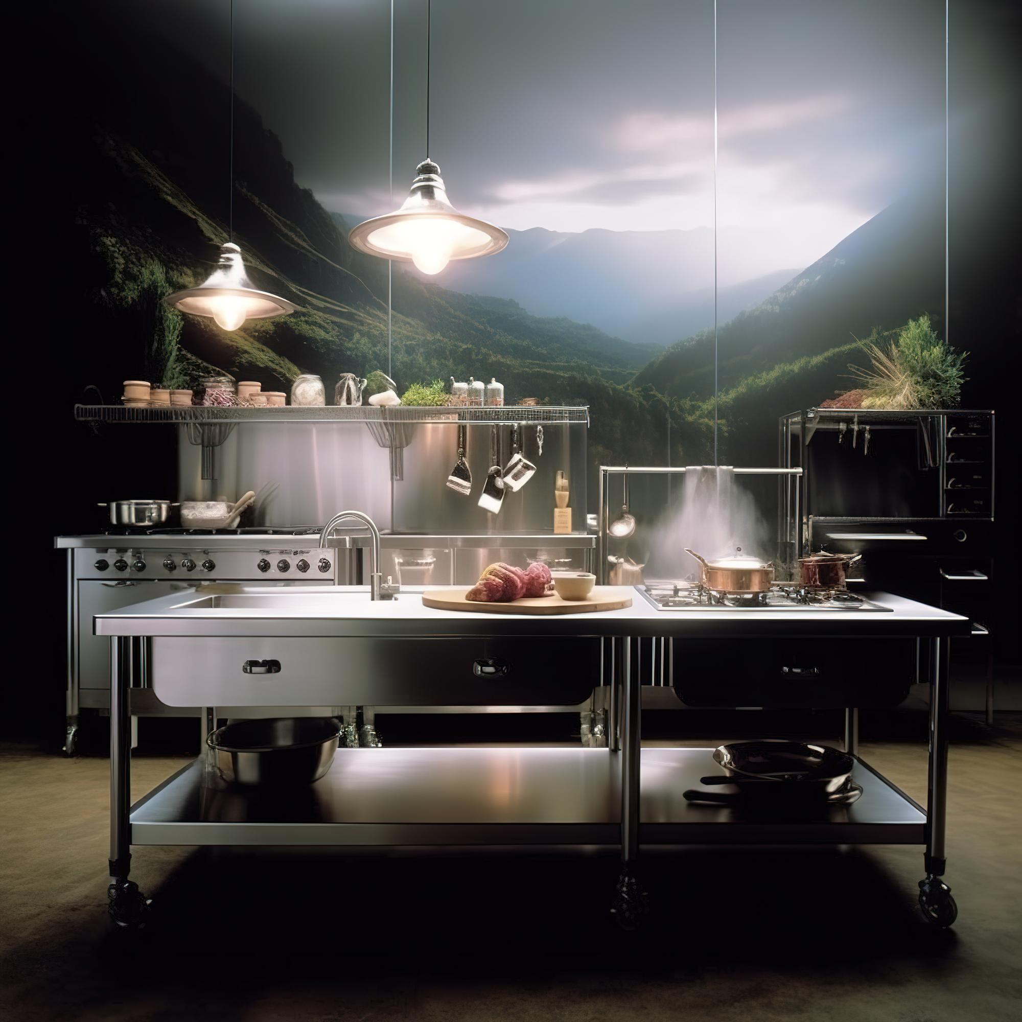 Studio kitchen with plated dishes and stainless equipment