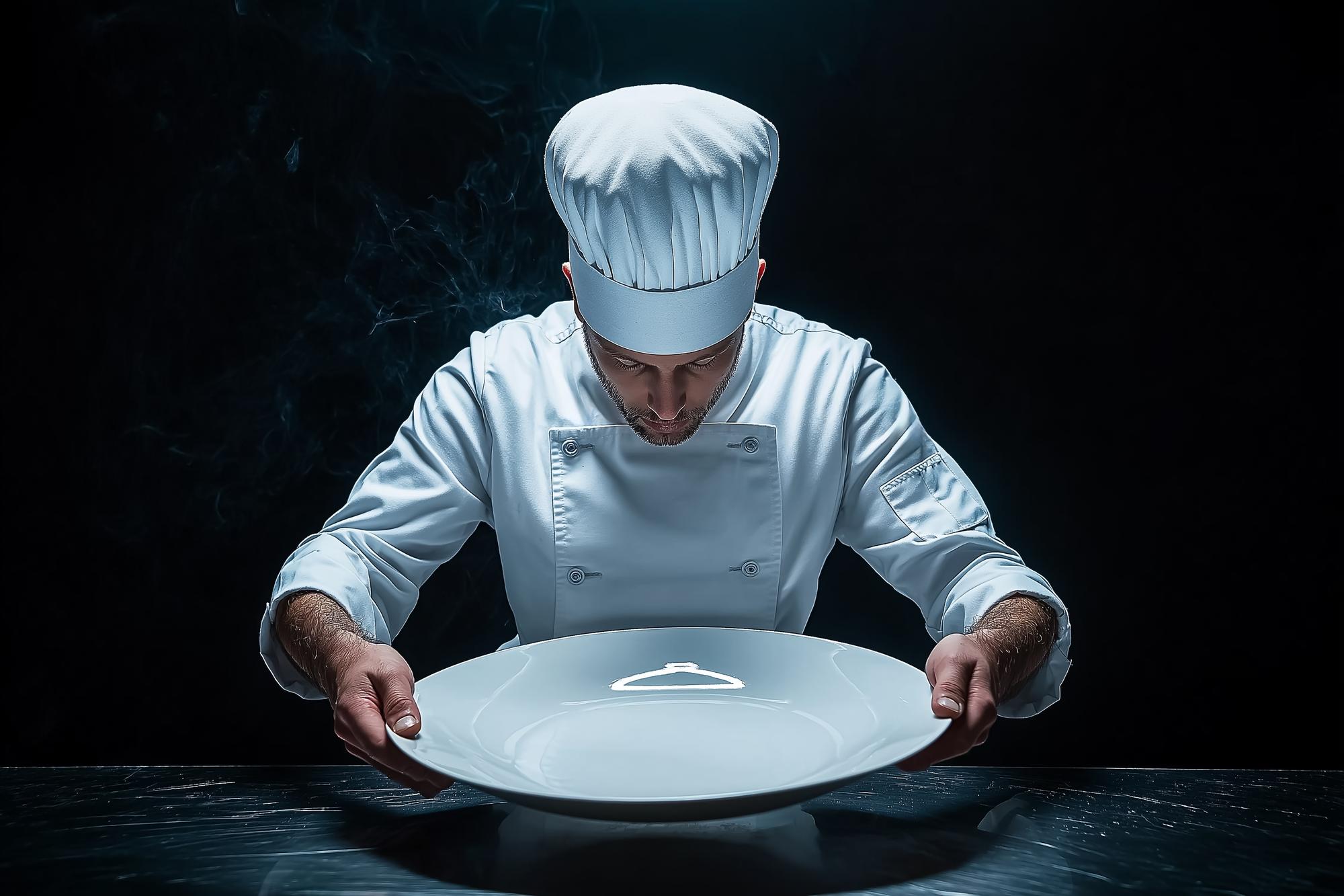 Chef with modern plating under blue light